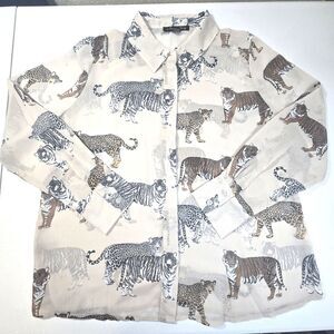 A Love Story Womens Size L Top Sheer Animal Print Hidden Button Down Jungle